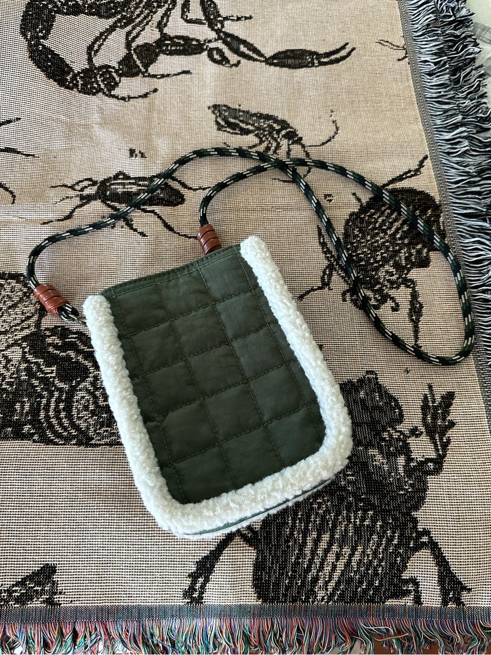 Quilted Forest Green Vintage Style Crossbody Sherpa Camping Travel Hiking Bag